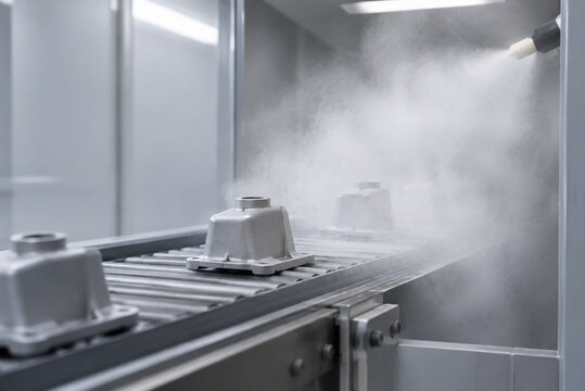 Metal component entering powder cloud on conveyor belt.