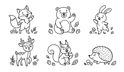 Obraz premium Cute baby forest animals linear outline vector clipart set for children