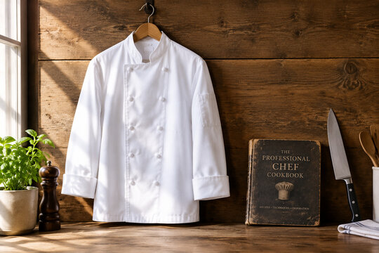 A white chef's jacket, a cookbook, and a knife on a rustic background.