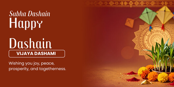 Subha Dashain Banner with Jamara Tika Marigold Flowers and Mandala