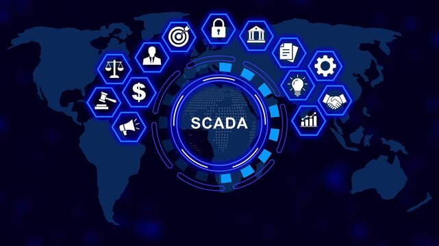 Advanced scada system digital interface featuring global network connectivity, industrial automation cybersecurity protocols, and data analytics visualization for modern smart manufacturing technology