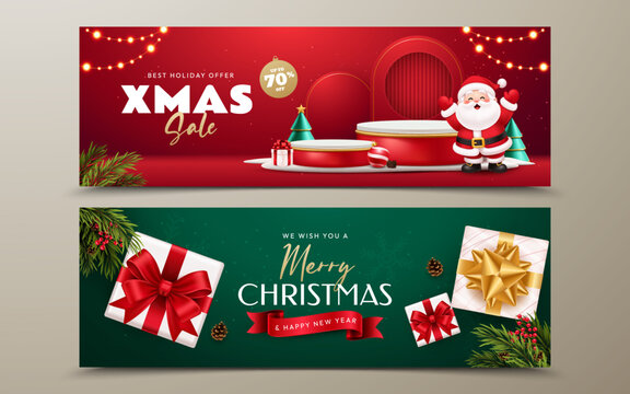 Merry Christmas Sale Wide Web Banner with Santa Claus, Podium, Christmas Tree and Holiday Discount