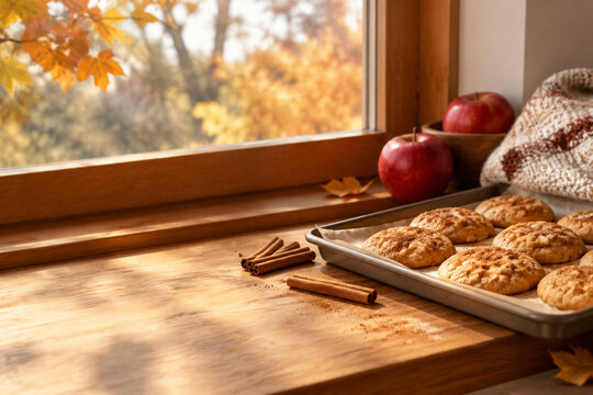 Autumn baking scene with cookies, cinnamon sticks, apples, and cozy blanket on window ledge for fall recipes and comfort food