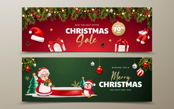 Christmas Sale Wide Web Banner with Festive Garland, Santa Hat, Gifts and Holiday Discount