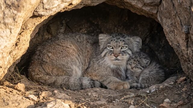 pallas cat with little one in a cave at morning light in mongolia video
