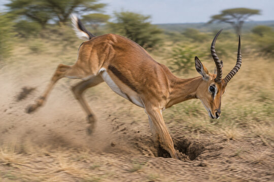 Antelope running with leg caught in hole, kicking up dust on savanna.