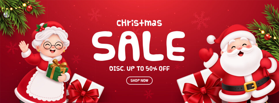 Christmas Sale Banner with Santa Claus and Mrs Claus, Gift Boxes, Holiday Discount and Shopping Promotion