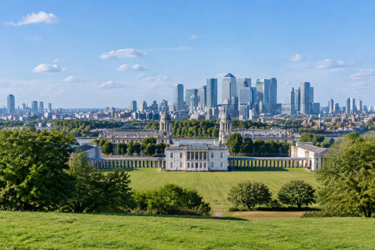 Green hill overlooking historic observatory and modern skyscrapers in distance.