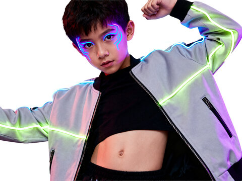 Isolated young Cyberpunk hero, intense gaze with glowing purple-blue facial circuitry, wearing a sleek grey bomber jacket with  neon piping