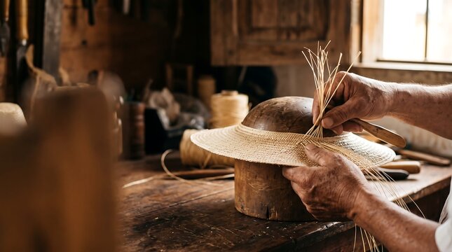 Artisan hands weaving a straw hat on a wooden block in a rustic workshop