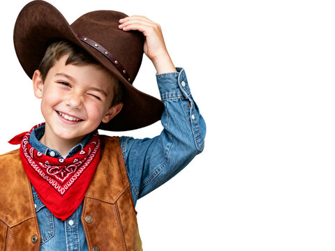 Winking Cowboy, joyful boy beaming in classic brown hat, vivid red bandana, tan vest, isolated on transparent, ideal for spirited Halloween designs.