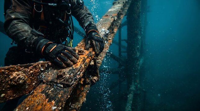 Commercial diver inspects rusty underwater structure with gloved hands