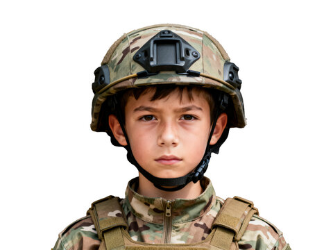 Courageous young boy, solemn in a realistic multi-cam camouflage helmet and tactical uniform, an isolated cut-out, ideal for compelling Halloween