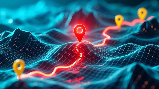 Digital terrain map with red path and icons