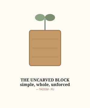 Uncarved wooden block with green sprout illustration, taoist pu simplicity art