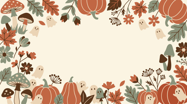 A charming and delightful halloween background vector featuring pumpkins mushrooms and autumnal foliage perfect for seasonal designs and festive celebrations