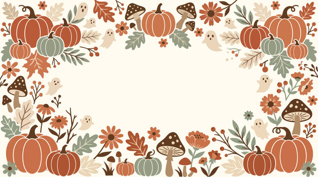 A charming and festive halloween background vector featuring pumpkins mushrooms flowers and autumnal foliage perfect for seasonal designs and celebrations