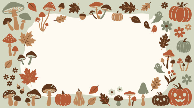A delightful and whimsical halloween background featuring charming mushrooms pumpkins autumn leaves and spooky elements for festive designs and celebrations