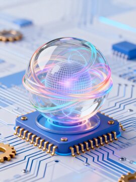 Crystal ball with glowing globe on circuit board
