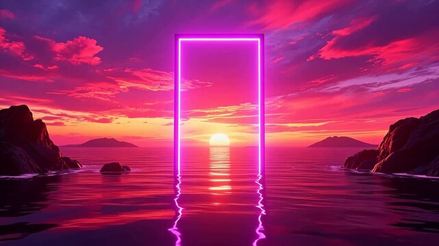 Glowing purple door frame over calm sea