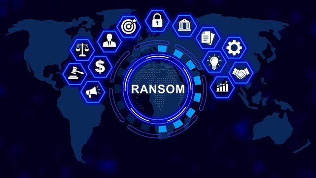 Cybersecurity ransomware attack warning digital concept featuring animated global network security and glowing hud interface for corporate data protection and information technology risk analysis