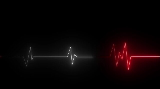 Glowing Red and white neon Heart pulse light transparent effect animation, electrocardiogram. Black background. 4K Video motion graphic animation