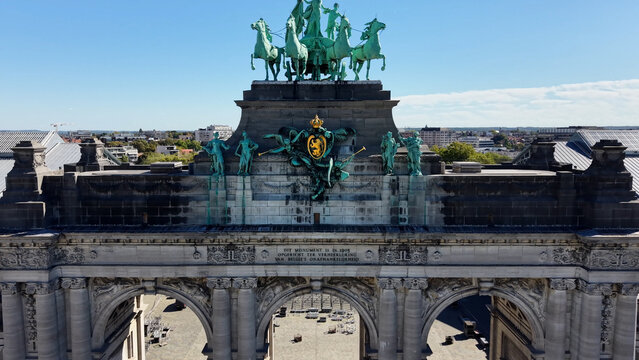 Parc Du Cinquantenaire In Brussels Capital Of Belgium. Nature Park Landscape. Downtown District. Beautiful Cityscape. Parc Du Cinquantenaire In Brussels In Capital Of Belgium. Triumphal Arch Monument.