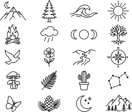 Minimalist Nature Line Art Icon Set with Mountains, Waves, Trees, Moon Phases, and Camping Symbols for Logos, Tattoos, and Branding Designs