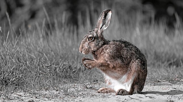 Brown Hare Washing Its Face in a Grey Field.