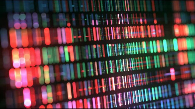 A close view of changing light patterns and colors on a digital display. The visual elements shift and transform continuously.