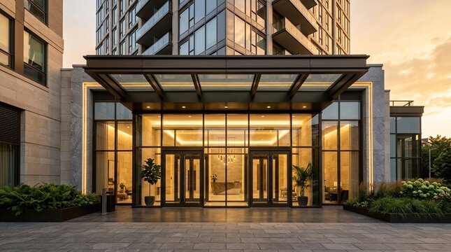 Modern Luxury Condo Entrance Canopy at Dusk