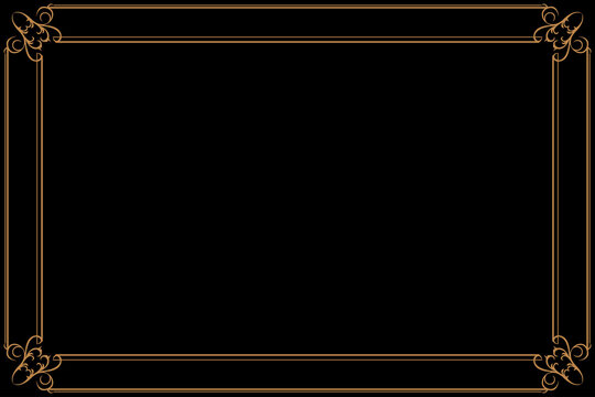 Luxury gold vintage border frame with swirl corner ornaments on a black background. Design for invitation cards, certificate, diploma templates, labels, and decorative borders. 5