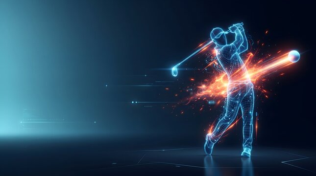 Futuristic digital golfer executing a powerful swing with glowing neon energy sparks hitting a ball on a dark tech background.   