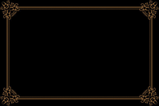 Luxury gold vintage border frame with swirl corner ornaments on a black background. Design for invitation cards, certificate, diploma templates, labels, and decorative borders. 9