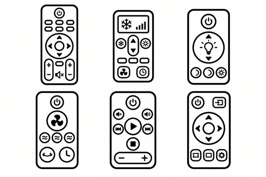 Six black outline remote control icons set