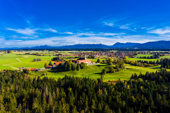 Aerial view of Reutberg Monastery, near Sachsenkam, Upper Bavaria, Bavaria, Germany,