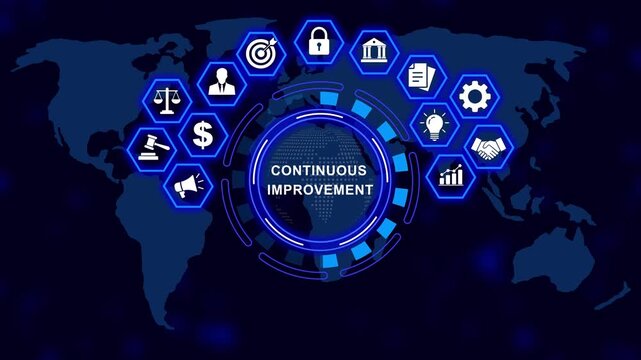 Continuous improvement concept featuring digital map background, with animated business, global strategy growth, symbols, corporate development, infographics, and modern, technology interface