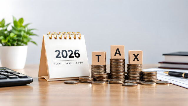 2026 Tax Planning Concept with Calculator and Financial Accounting Symbols