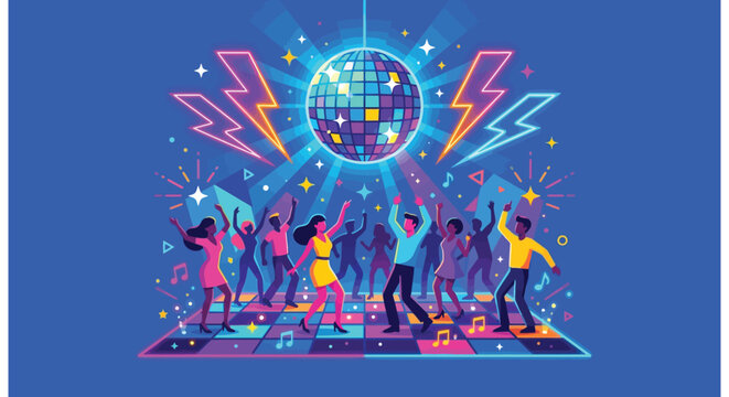 Vibrant Retro Disco Party Illustration with Dancing Crowd and Disco Ball