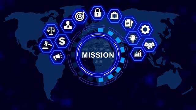Corporate mission statement digital motion featuring a rotating global earth map surrounded by glowing blue hexagonal business strategy symbols, and management concepts for presentations
