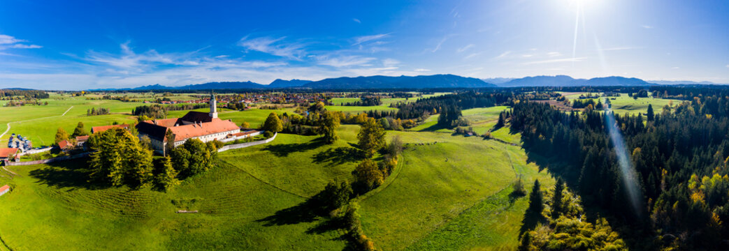 Aerial view of Reutberg Monastery, near Sachsenkam, Upper Bavaria, Bavaria, Germany,