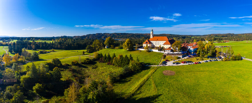 Aerial view of Reutberg Monastery, near Sachsenkam, Upper Bavaria, Bavaria, Germany,