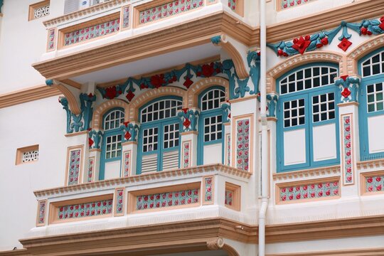 Singapore Little India - old colonial architecture. Colorful windows of Singapore City.