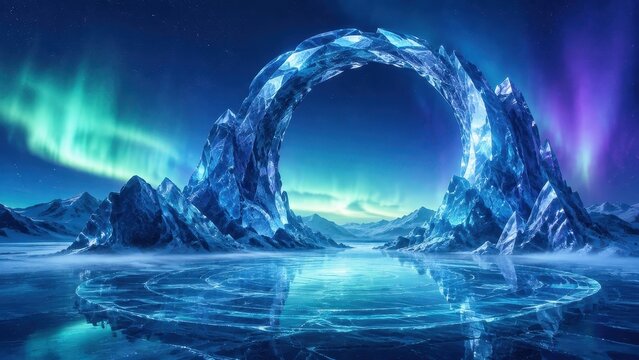 Icy mountain arch beneath aurora lights, fantasy wallpaper