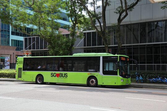 SINGAPORE CITY, SINGAPORE - MARCH 11, 2024: People ride a city bus in Singapore City. Bus services of Singapore are operated by SBS Transit.