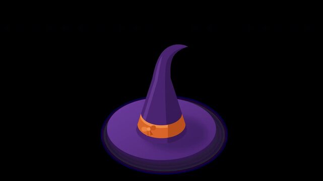 Stylized 3D purple witch hat with orange ribbon isolated on transparent background with alpha channel for Halloween motion graphics and video compositing