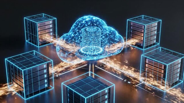 3D cloud computing data transfer animation with glowing servers and network information flow concept
