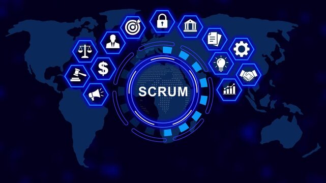 Dynamic scrum methodology concept animation featuring global business digital map background, agile project management workflow, corporate strategy, and modern infographic interface