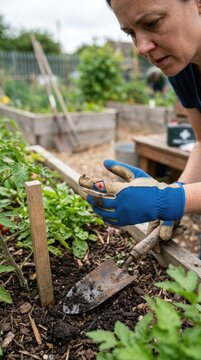 Horticultural danger message: gloved hand, skin puncture, garden ground, dirty implement, Tetanus pathogen, infection risk, urgent care, personal safety, health protect.