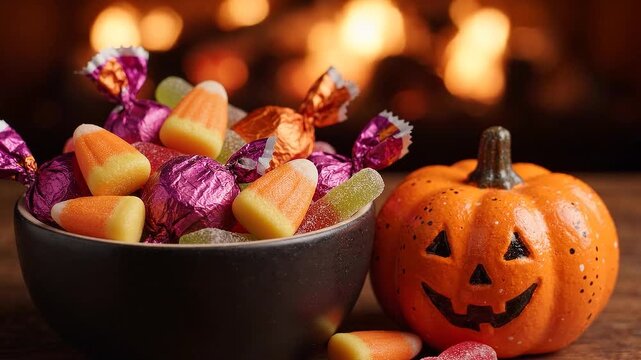 Halloween candy bowl with candy corn and jack-o-lantern pumpkin against cozy flickering fireplace background